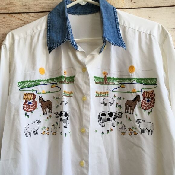 VINTAGE FARM THEME EMBROIDERED SHIRT WITH DENIM COLLAR - Picture 3 of 5